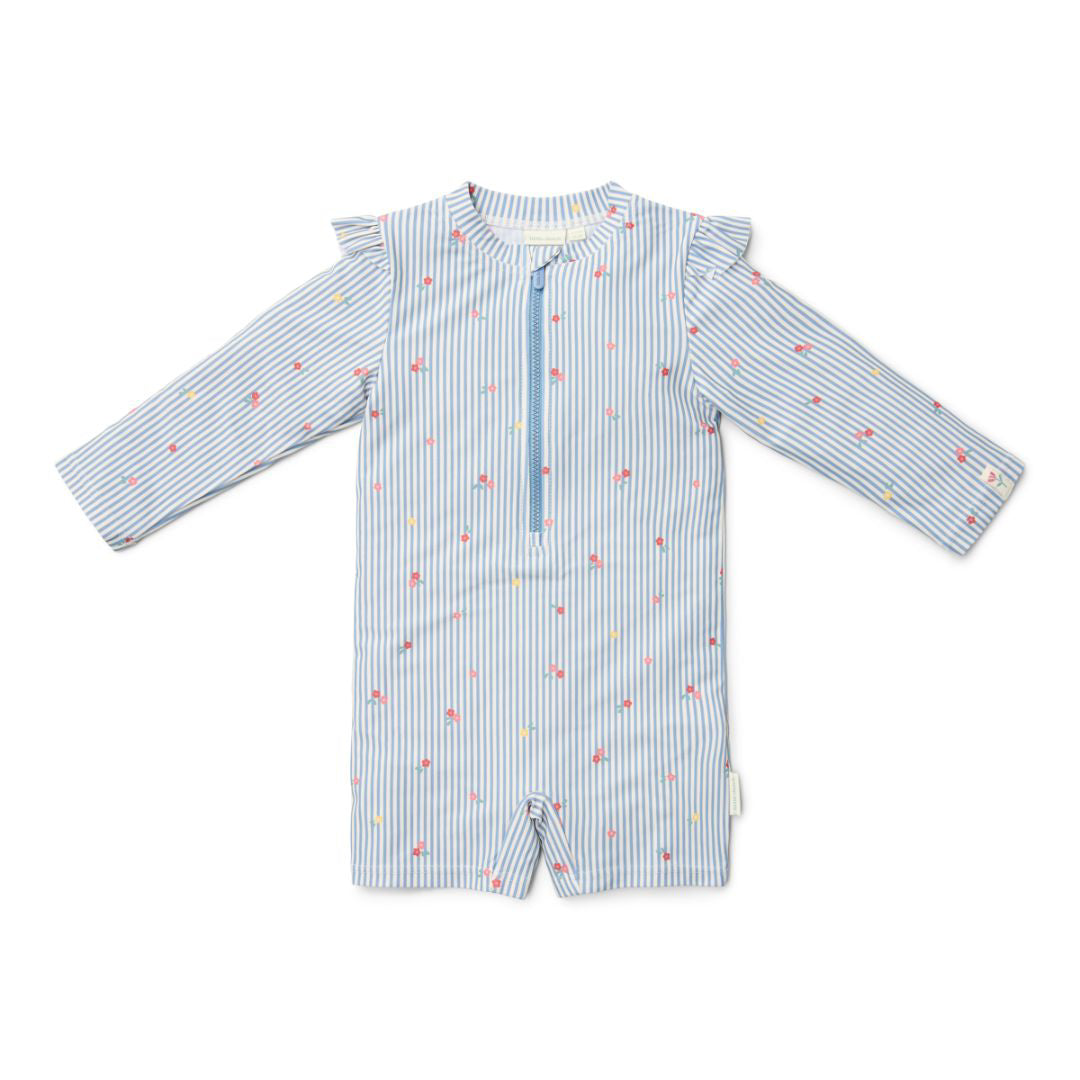 Little Dutch® Otroške enodelne kopalke z rokavi Sunny Flowers Blue Little Dutch