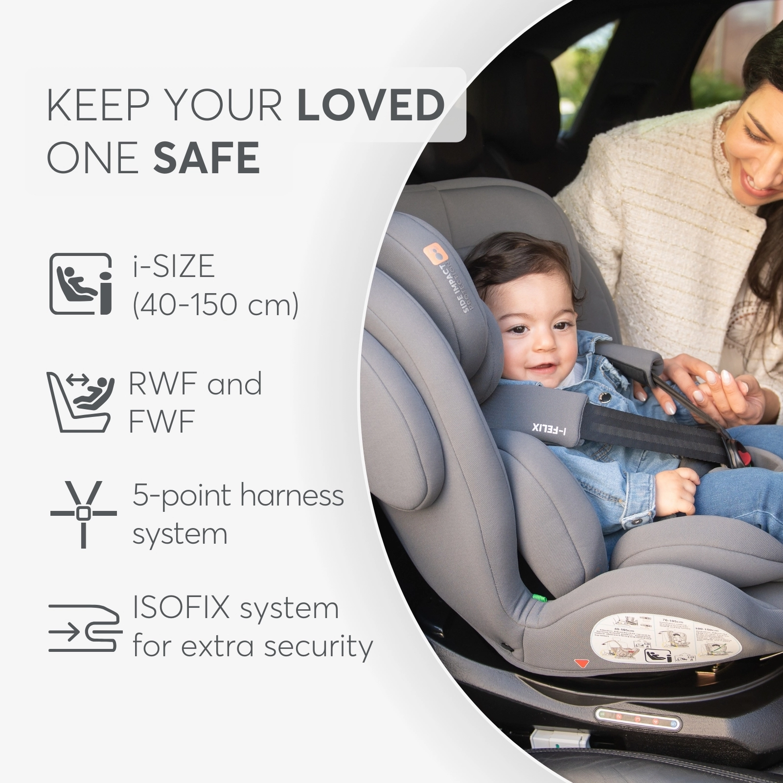 KikkaBoo® Otroški avtosedež 360° i-Felix i-SIZE (40-150 cm) Light Grey KikkaBoo