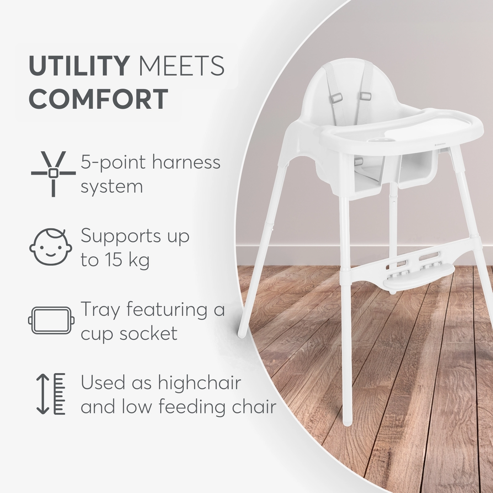 KikkaBoo® Otroški stol za hranjenje 2v1 Jammy White KikkaBoo