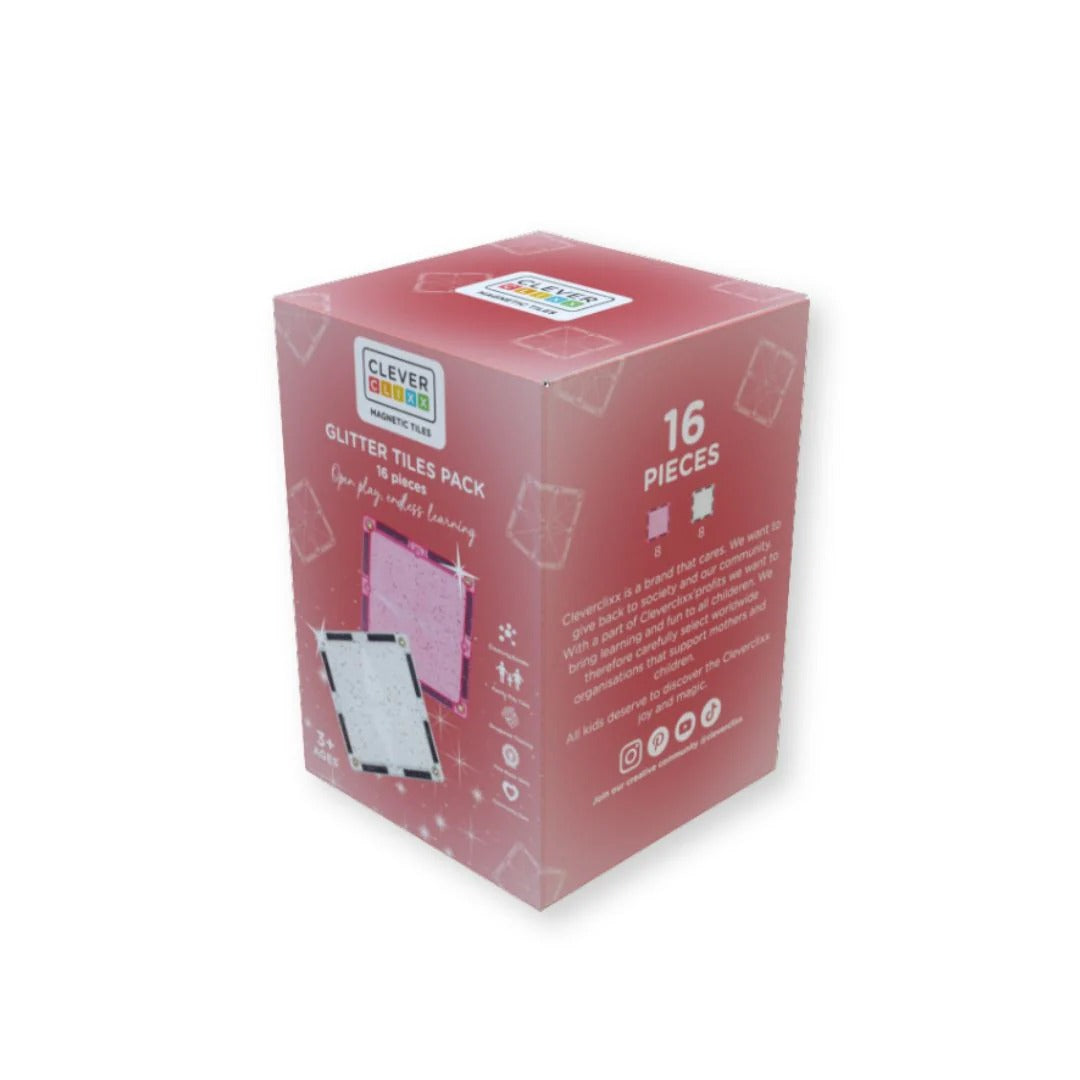 Cleverclixx® Magnetne ploščice Glitter Tiles Pack Transparent Pink 16 kos Cleverclixx